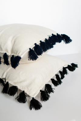 Throw Pillow Cover - Cream and Navy Tassels